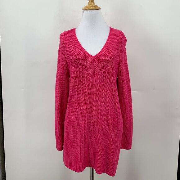 Lucky Brand Knit V Neck Tunic Sweater Women XS Extra Small Hot Pink Cotton Blend - Picture 2 of 12